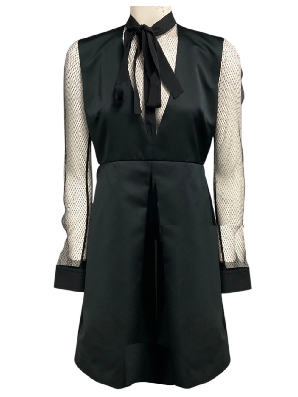 No. 21 Black Satin V-Neck Dress with Mesh Sleeves